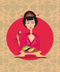 Abstract card with sushi and geisha