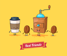Vector funny cartoon. Funny coffee, beans ans coffee mill  Best