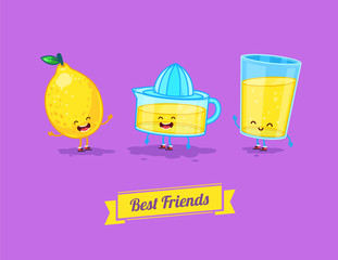 Vector funny cartoon. Funny glass, lemon and  juice. Best