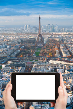 tourist photograph Eiffel Tower and Paris panorama