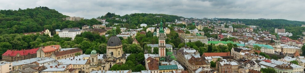 Fototapeta na wymiar Lviv center bird's eye panorama from the top of city hall 