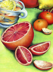 Grapefruit, lemon tea and two mandarin.