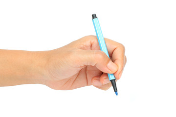 Woman holding color pen on a white background.