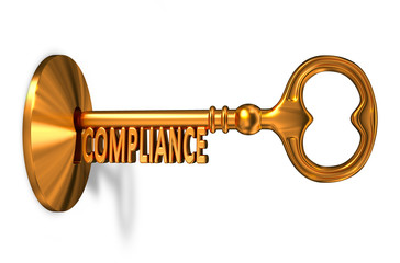 Compliance - Golden Key is Inserted into the Keyhole. - obrazy, fototapety, plakaty