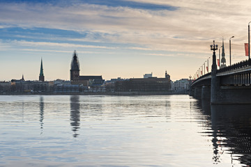 Fototapeta premium View on old Riga city from embankment of the Daugava river, Latvia