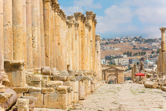 The Cardo Maximus street in Jerash ruins Jordan