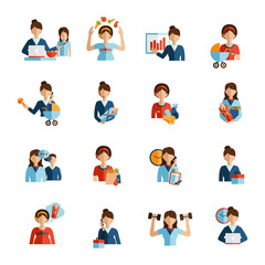Businesswoman mother flat icons set 