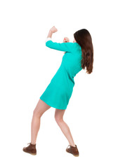 skinny woman funny fights waving his arms and legs.
