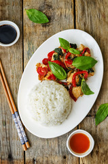 Basil pepper chicken stir fry with rice