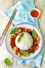 Basil pepper chicken stir fry with rice