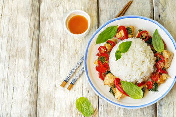 Basil pepper chicken stir fry with rice