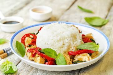 Basil pepper chicken stir fry with rice