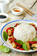 Basil pepper chicken stir fry with rice