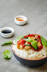 Basil pepper chicken stir fry with rice