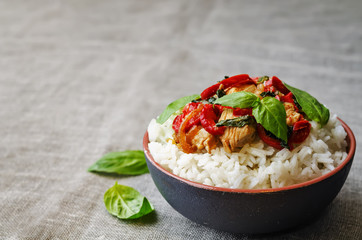 Basil pepper chicken stir fry with rice