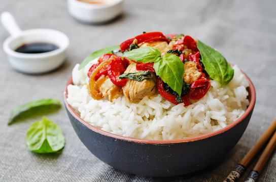 Basil Pepper Chicken Stir Fry With Rice