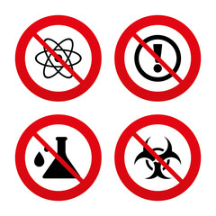 Attention biohazard icons. Chemistry flask.