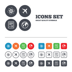 Airplane icons. World globe symbol.