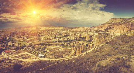 Panoramic view of idyllic mountain landscape in the Cappadocia.
