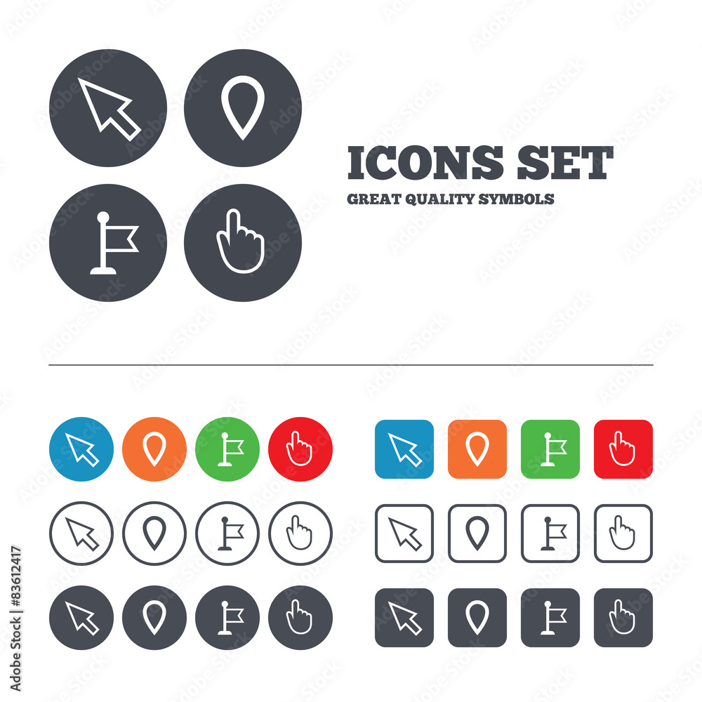 Poster mouse cursor icon. hand or flag pointer symbols.
