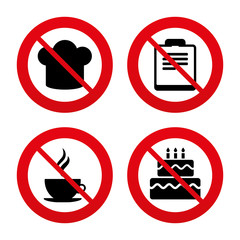Coffee cup icon. Chef hat symbol. Birthday cake.