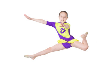 Fototapeta na wymiar Cute young girl doing gymnastics isolated over white