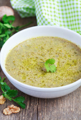 Traditional soup kharcho of beef broth with walnuts, cilantro 