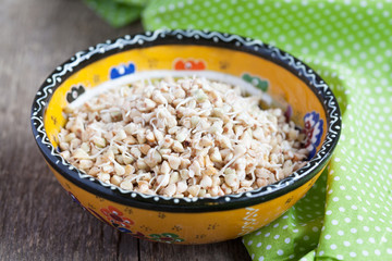 Green buckwheat sprouts in a yellow bowl, close up