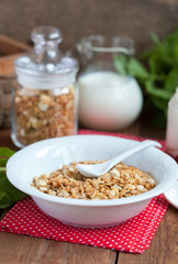 Breakfast: homemade granola in a white plate, yogurt with jam 