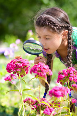 Surprised girl looking through magnifying glass on beetle