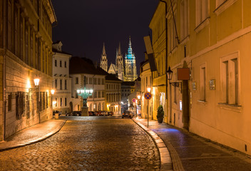 Fototapeta na wymiar Old street of Hradcany in Prague at night. Czech Republic