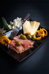 Platter of Prosciutto, Cheese and Olives 