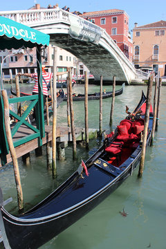 Gondolas and gondoliers on the Grand Canal in Venice, Italy