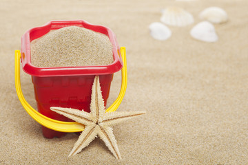 Fototapeta na wymiar A starfish and plastic bucket at the beach 