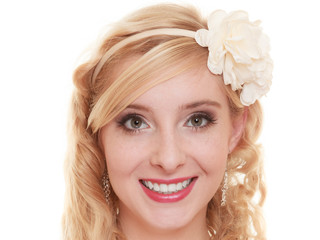 Wedding day. Portrait happy woman bride isolated