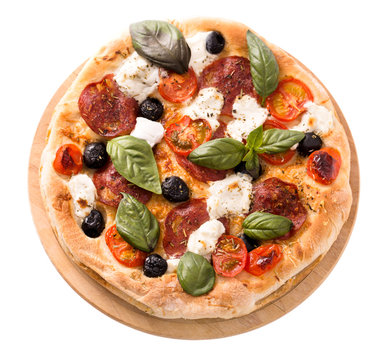 Pizza with salami and mozzarella top view isolated