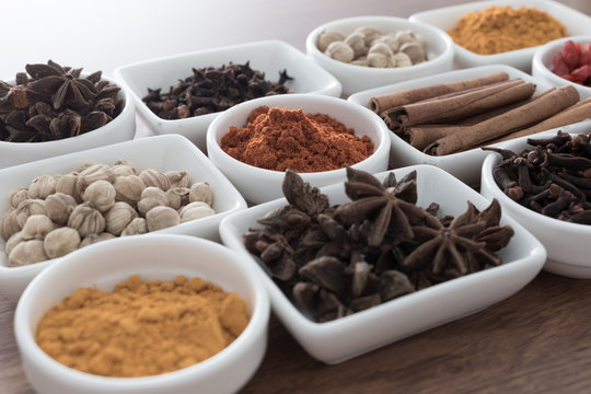 Wooden table of colorful spices