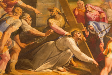 Naklejka premium Rzym - Fragment farby Chrystus spada pod krzyżem