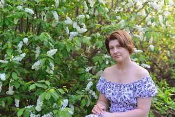  adult woman near blossoming bird cherry in the park