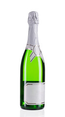 Green bottle of champagne with golden top.