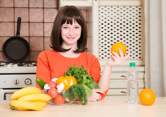 Fitness, healthcare and diet concept - smiling woman with fruits