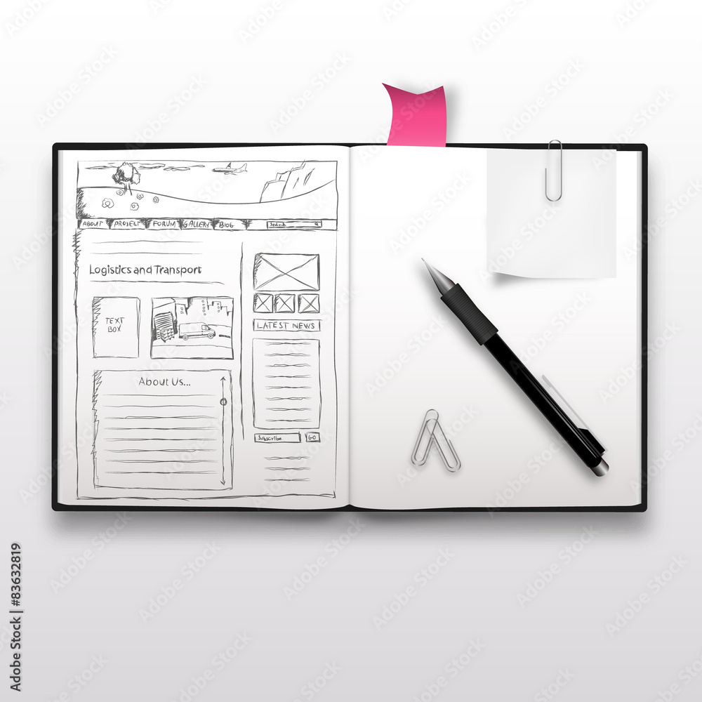 Sticker website sketch on notebook, realistic illustration.