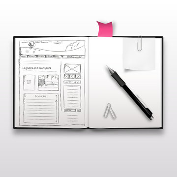 Website sketch on notebook, realistic illustration.