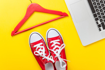 laptop computer and gumshoes with hanger