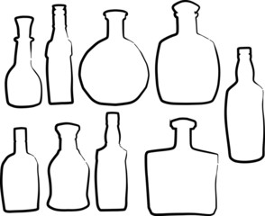 nine bottle sketches isolated on white