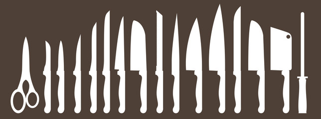 Different types of kitchen knives. Vectors set