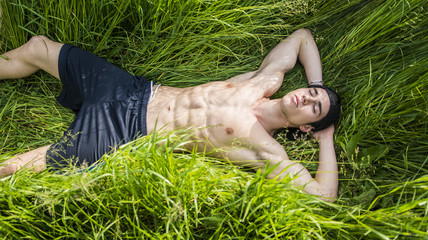 Fit muscular shirtless young man relaxing lying in a field