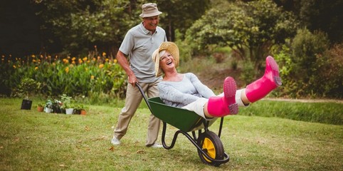 Happy senior couple playing with a wheelbarrow  - obrazy, fototapety, plakaty