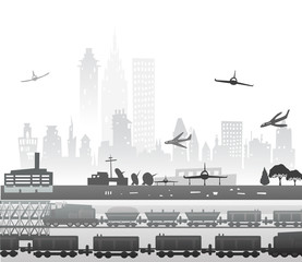 Train running through the city, industrial illustration