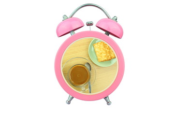 coffee time within pink alarm clock isolated on white background